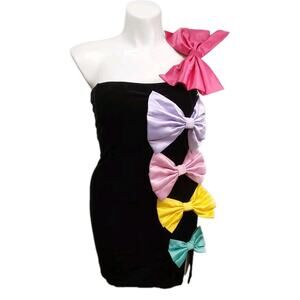 *NWT*Johnny Wujek Prom Collection Large Black Multi Color Bow Mini Dress #D2